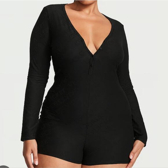 Victoria's Secret Pants - Victoria's Secret Black Long Sleeve Button Front Terrot Cotton Romper